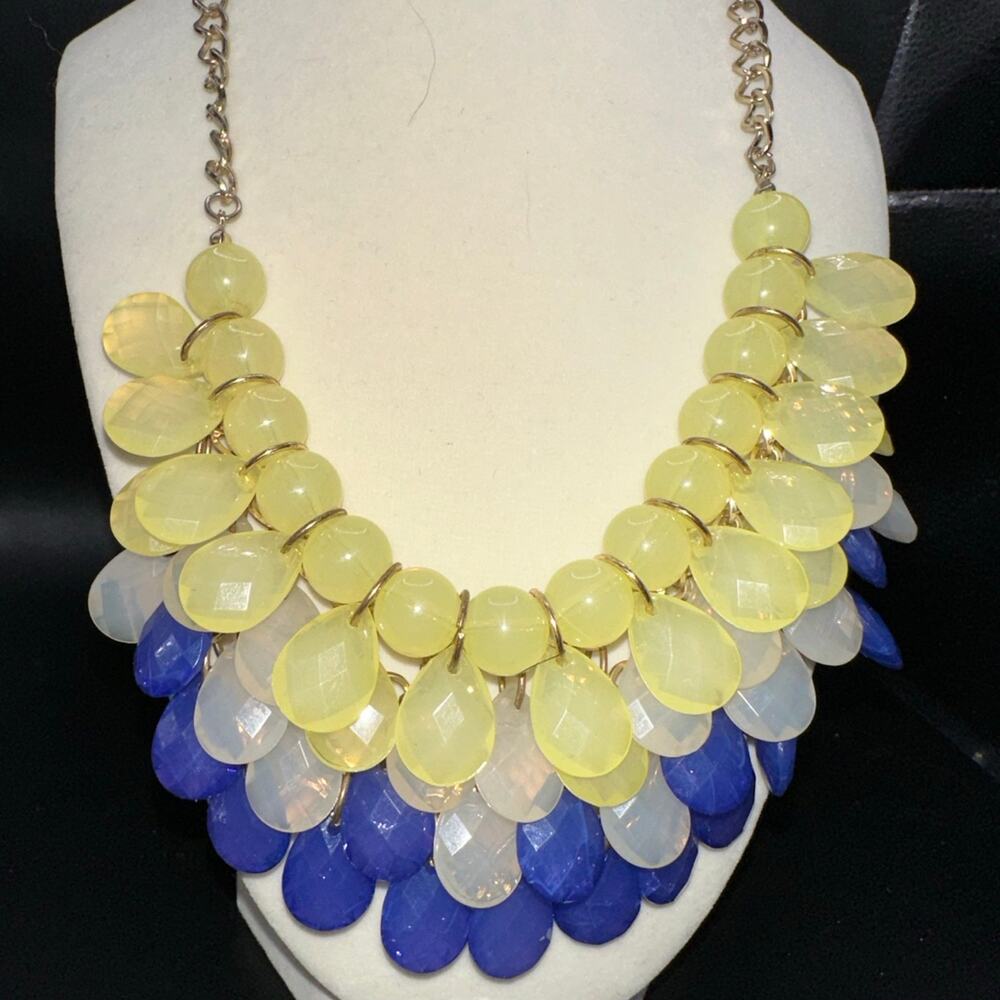 Yellow White and Blue Acrylic Beaded Necklace 19" Gold Chain